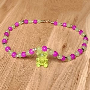 Vintage Y2K Neon Yellow Bear Beaded Choker Necklace Glass Beads Handmade